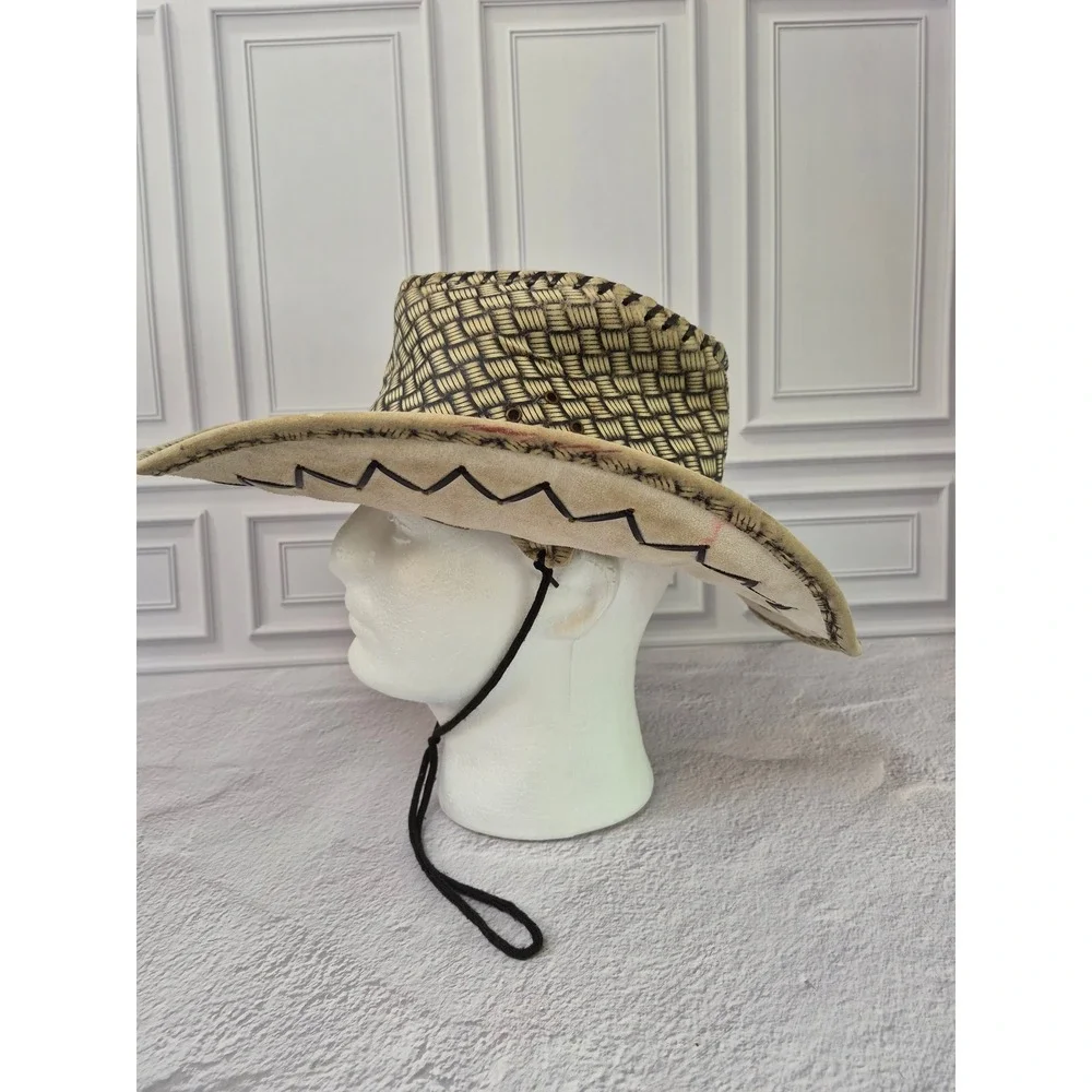 Mens Woven Straw Cowboy Hat Tan Black Wide Brim Western Sun Hat with Chin Strap